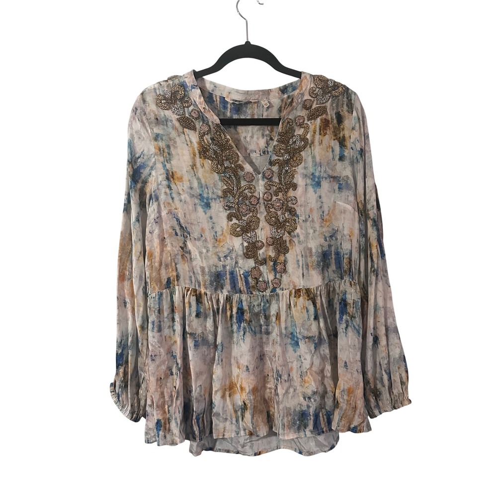 Soft Surroundings Embellished Tunic Top Women's Multi Print V Neck Long‎ Sleeve